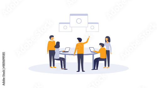 Diverse group of professionals collaborating on a new project brainstorming ideas around a circular table symbolizing teamwork and innovation in a modern office setting