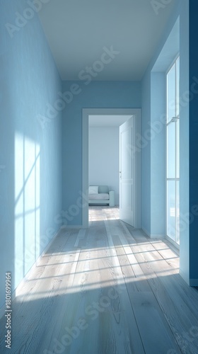 Bright Blue Room Filled With Soft Shadows From Tall Windows During the Aftern...