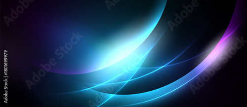 Abstract design features flowing curves, vibrant blues, purples, white light. Smooth gradients create dynamic visual effect.