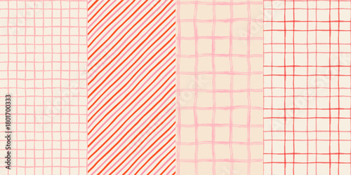 Pink and red check and stripe seamless vector patterns set, Cute cream pastel colors gingham backgrounds for Christmas and Valentine's day designs