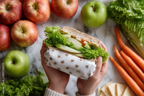 Preparing a Fresh Sandwich With Colorful Vegetables and Fruits on a Kitchen T...