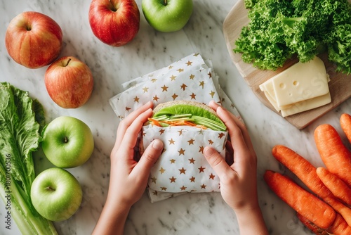Healthy Lunch Preparation With Fresh Vegetables and Fruits on a Clean Kitchen...