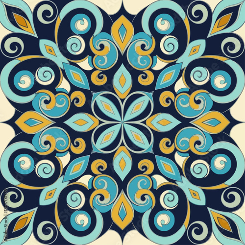 Intricate symmetrical pattern design featuring elaborate blue and gold swirls, creating a mesmerizing circular mandala-inspired motif perfect for decorative and artistic applications