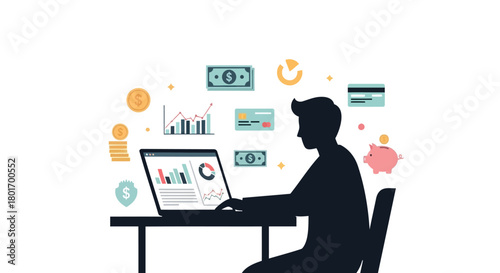 Silhouette of a person working on a laptop with financial icons and charts floating around them