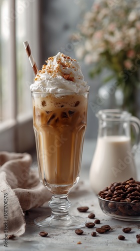 Refreshing Iced Coffee Treat With Whipped Cream and Caramel on a Sunny Afternoon