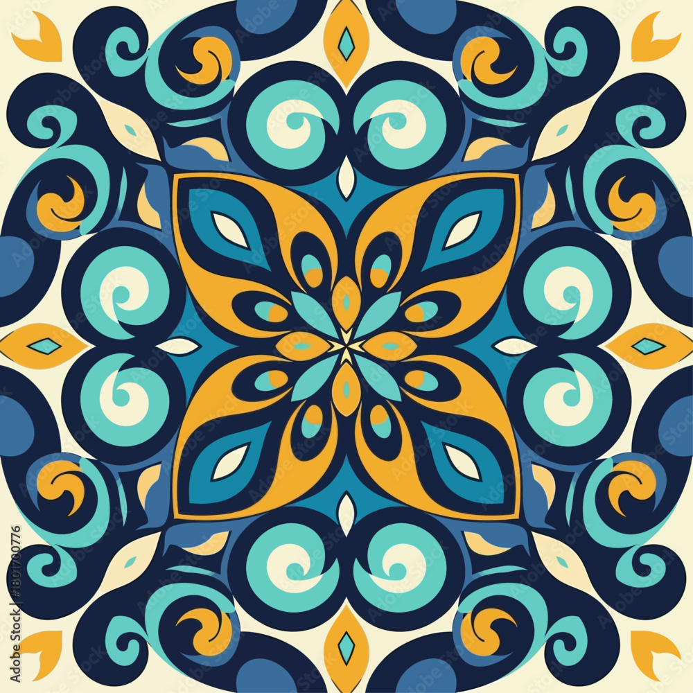 Naklejka premium Decorative Mandala Pattern in Blue, Yellow, and Cream Colors for Seamless Design