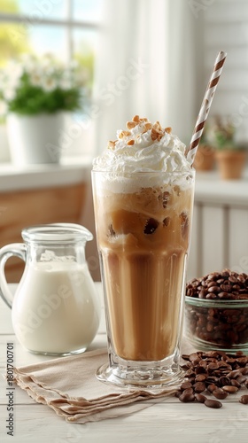 Delicious Iced Coffee Topped With Whipped Cream and Nuts in a Cozy Cafe Setting