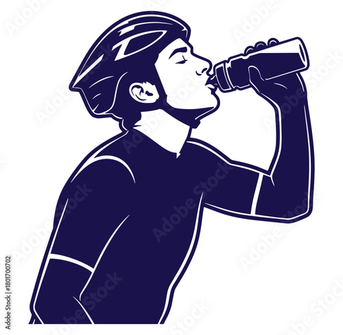 Cyclist taking a drink of water during a break with white outline illustration