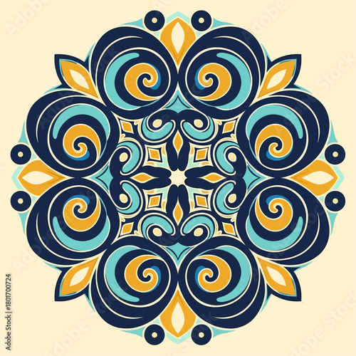 Intricate mandala design with swirling patterns in blue, yellow, and dark blue hues, evoking a sense of symmetry and artistic flair
