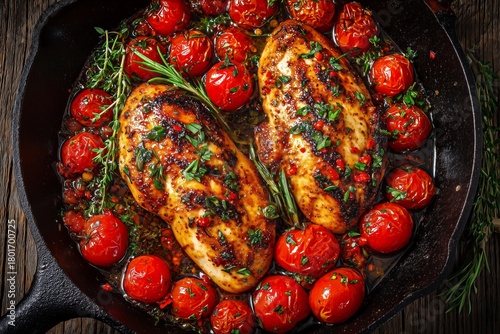 Juicy Grilled Chicken Breasts With Roasted Cherry Tomatoes and Herbs in Skillet
