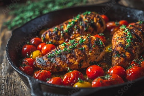 Grilled Chicken Breasts With Cherry Tomatoes and Fresh Herbs in a Skillet