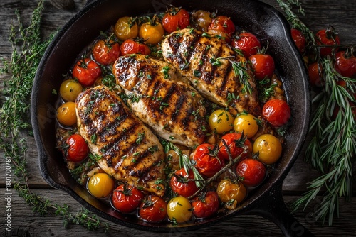 Juicy Grilled Chicken Breasts With Roasted Cherry Tomatoes and Herbs in Skillet