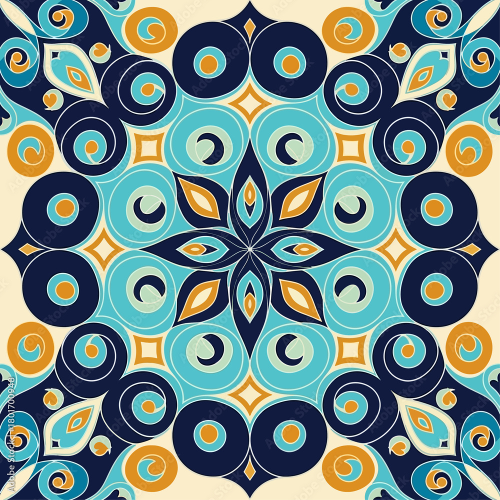 Fototapeta premium Elegant abstract circular mandala with ethnic oriental flourishes in shades of blue and gold