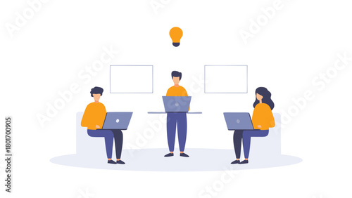 Diverse team collaborating on laptops during a dynamic brainstorming session illustrating innovation and shared ideas in a modern office environment