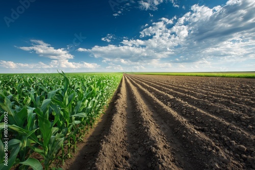 Vast Farmland Split Between Growing Corn and Freshly Tilled Soil Under a Brig...