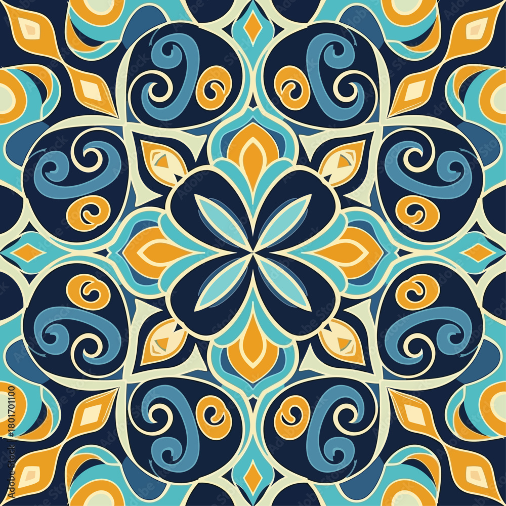 Fototapeta premium Ornate seamless decorative pattern with vibrant symmetrical floral and scroll motifs, perfect for elegant backgrounds and digital design projects showcasing intricate graphic effects