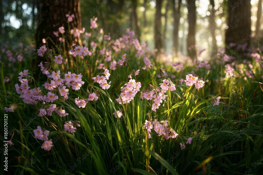 Obraz premium Blooming Pink Flowers in a Sunlit Forest During Early Morning Hours