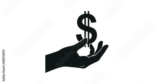 Silhouette of a hand holding a large dollar sign symbol against a white background representing wealth and finance