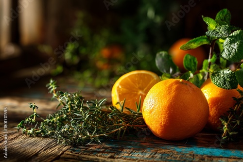 Fresh Oranges and Mint Leaves on a Wooden Table at Sunset