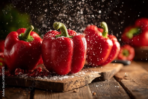 Fresh Red Bell Peppers Sprinkled With Salt on a Rustic Wooden Surface in Warm...