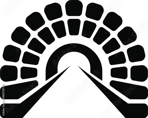 Stylized minimalist vector icon of a tunnel entrance with railway tracks receding into the distance, symbolizing journey, progress, and exploration