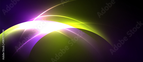 Abstract design features vibrant curves, luminous glow, purple, green hues. Dynamic composition creates modern visual impact.