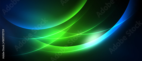Abstract flowing lines, vibrant blues, greens create luminous effect. Dark background emphasizes bright curves, smooth gradients.