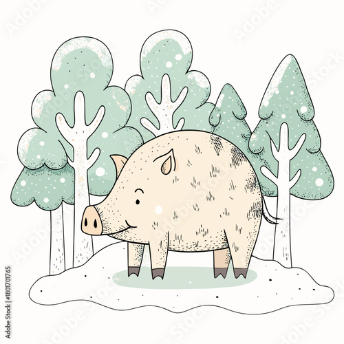 Cute pig standing in snowy forest among evergreen trees  