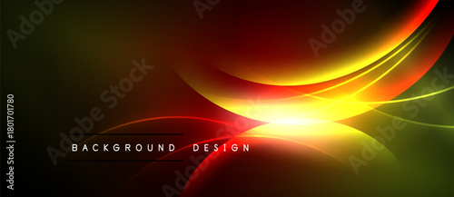Abstract background features vibrant curves, glowing light. Red, yellow, green hues blend seamlessly, creating dynamic visual effect.