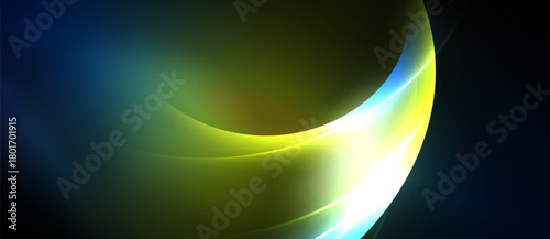 Abstract design features flowing curves, vibrant colors. Yellow, blue hues blend creating dynamic visual effect. Smooth gradients dominate composition.
