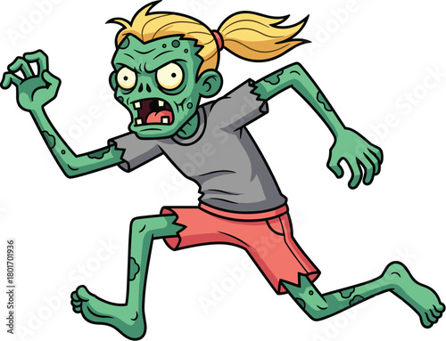 Cartoon zombie character with green skin, blonde ponytail hair, torn clothes, scary running pose, horror Halloween monster vector illustration for stock