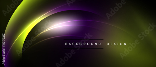 Abstract flowing lines create vibrant gradient. Yellow, purple hues dominate dark background. Text reads background design.
