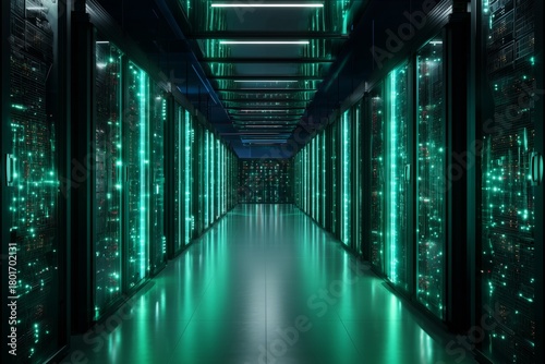 High-tech Server Room With Green Lighting and Reflections in the Floor