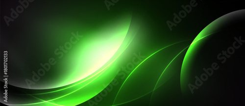 Abstract green waves, smooth curves, dark background. Bright light creates dynamic flow, elegant design. Minimalist aesthetic.