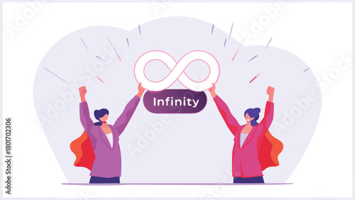 Two diverse characters collaboratively holding a luminous abstract infinity symbol representing connection eternity and endless possibilities in a vibrant conceptual design