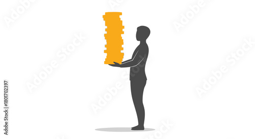 Silhouette of a person holding a tall stack of golden coins representing wealth and financial success