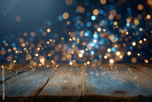 Wooden Table With Sparkling Bokeh Lights in a Night Scene Setting