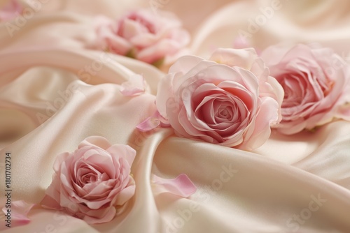 Pink Roses on Soft Satin Fabric Create a Delicate and Elegant Arrangement for...