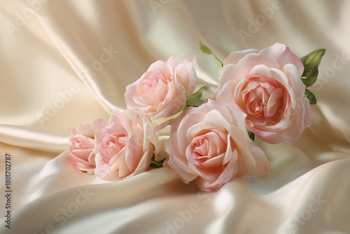 Pink Roses on Soft Satin Fabric Create a Delicate and Elegant Arrangement for...
