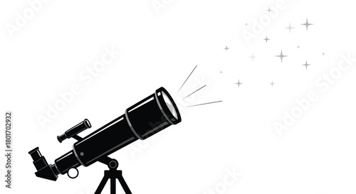 Black and white illustration of a telescope pointed towards a starry night sky with twinkling stars