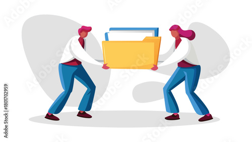 Two professional colleagues collaborating and carrying a large bright yellow document folder together symbolizing teamwork and project management in an office setting