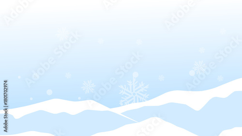 Calm winter landscape illustration featuring snowy hills, pine trees, and soft blue skies with gentle snowflakes