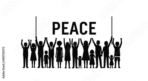 Diverse group of people of all ages holding up a banner with the word peace in bold black letters