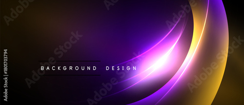 Abstract design features vibrant purple, orange gradients. Smooth curves create dynamic visual effect against black backdrop. Modern, elegant presentation.