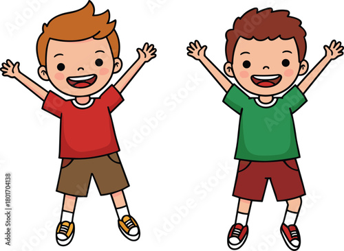 Cheerful cartoon boys jumping with happiness, playful children vector illustration, joyful childhood design, smiling characters, fun energy, white background artwork
