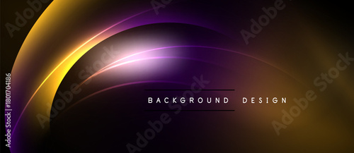 Abstract design features curved lines, vibrant colors. Gradient transitions create dynamic visual effect. Dark background enhances luminosity.