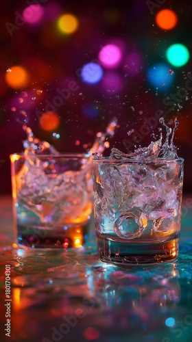 Splashing Ice Cubes in Colorful Glasses Create a Vibrant and Festive Atmosphe...