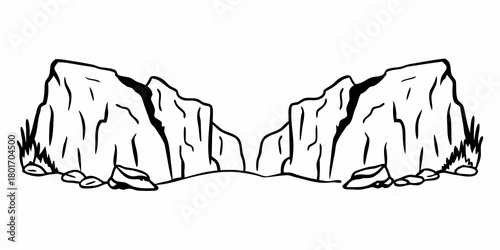 Illustration of a canyon landscape with rocky cliffs, small stones, and some grass patches on the sides