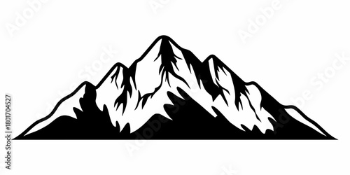 Illustration of a mountain range with jagged peaks and snow caps in black and white vector format