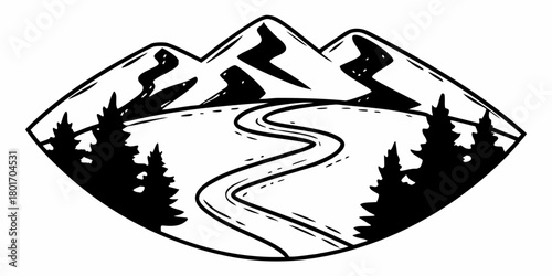 Black and white mountain landscape with a winding road and pine trees in a diamond shaped frame